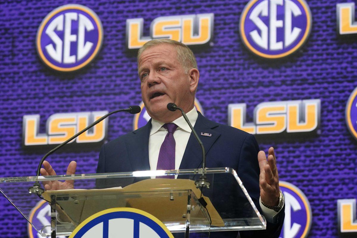 LSU coach Brian Kelly speaks during an NCAA college football news conference at the SEC Media Days, Monday, July 18, 2022, in Atlanta. (AP Photo/John Bazemore)