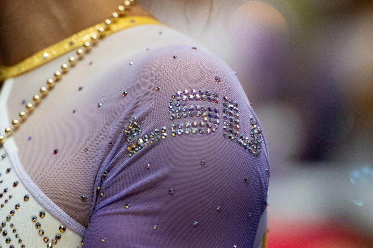 The letters "LSU" sparkle on a gymnast's leotard&#160;Friday, Feb. 2, 2024, during LSU&#8217;s 198.475-196.200 win against Arkansas at the Pete Maravich Assembly Center in Baton Rouge, La.