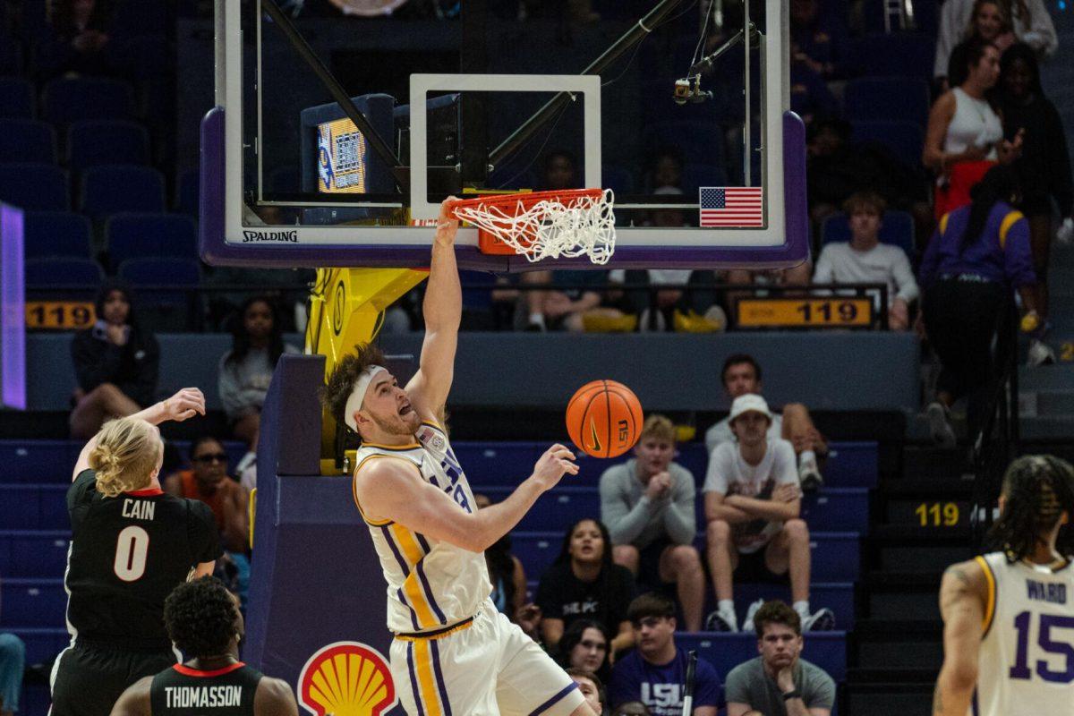 LSU men&#8217;s basketball graduate student forward Will Baker (9) dunks the ball Tuesday, Feb. 27, 2024, during LSU&#8217;s 67-66 win against Georgia in the Pete Maravich Assembly Center in Baton Rouge, La.