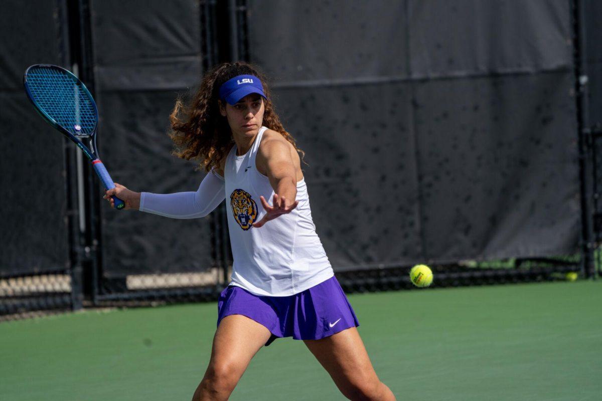 LSU women's tennis Graduate Student Maya Tahan hits a forehand during her 6-3, 6-4 singles win against Rice Sunday, Feb. 4, 2023 at the LSU Tennis Complex on Gourrier Avenue in Baton Rouge, La.