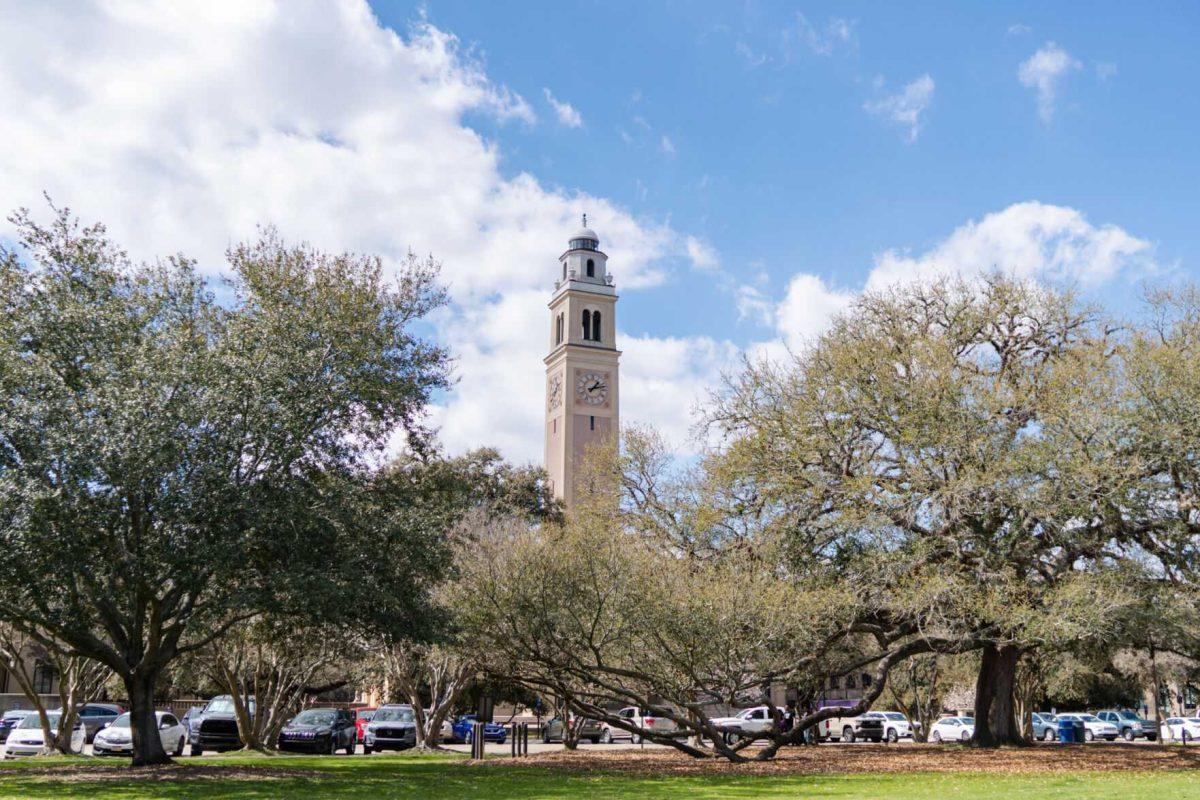 Memorial Tower rises above the Parade Ground Tuesday, Feb. 20, 2024, on LSU's campus in Baton Rouge, La.