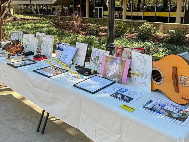 Exhibits line a table in Free Speech Alley Monday, Feb. 19, 2024, on LSU's campus in Baton Rouge, La.