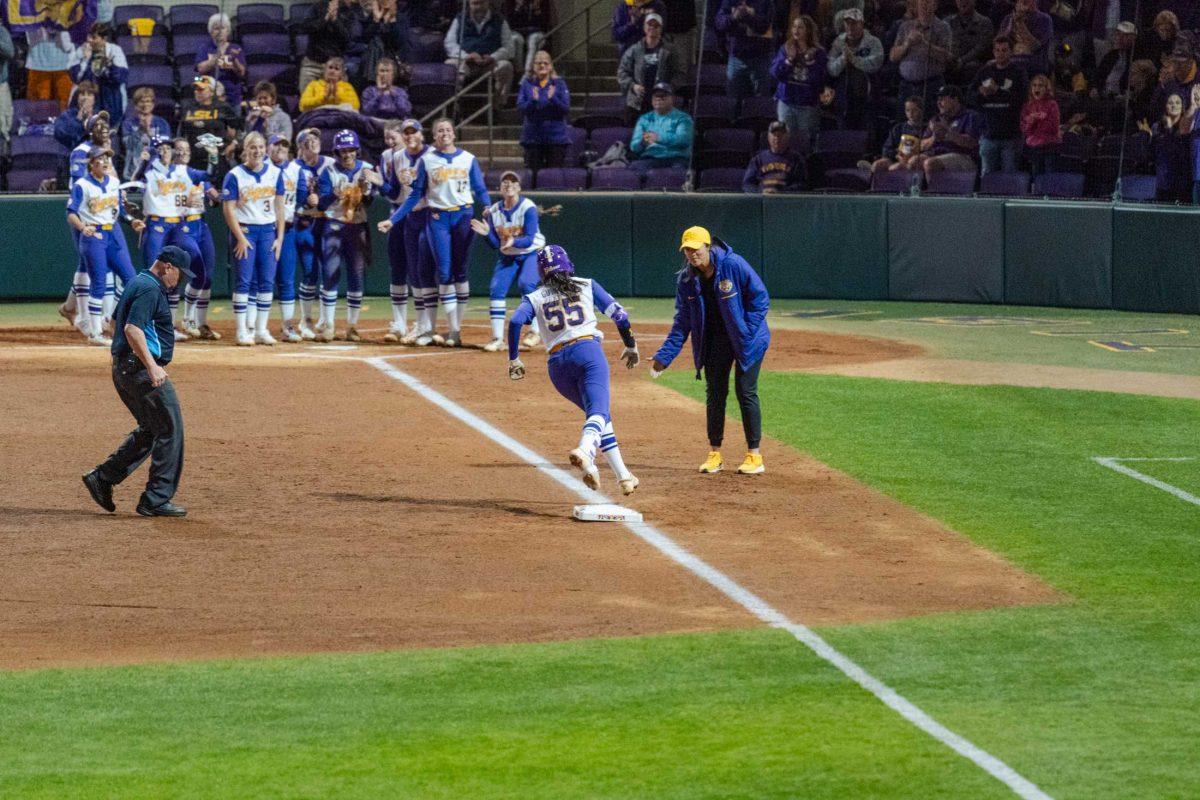 LSU softball graduate student utility Raeleen Gutierrez (55)&#160;rounds third base after hitting a home run Thursday, Feb. 8, 2024, during LSU&#8217;s 8-0 win against Nicholls at Tiger Park in Baton Rouge, La.