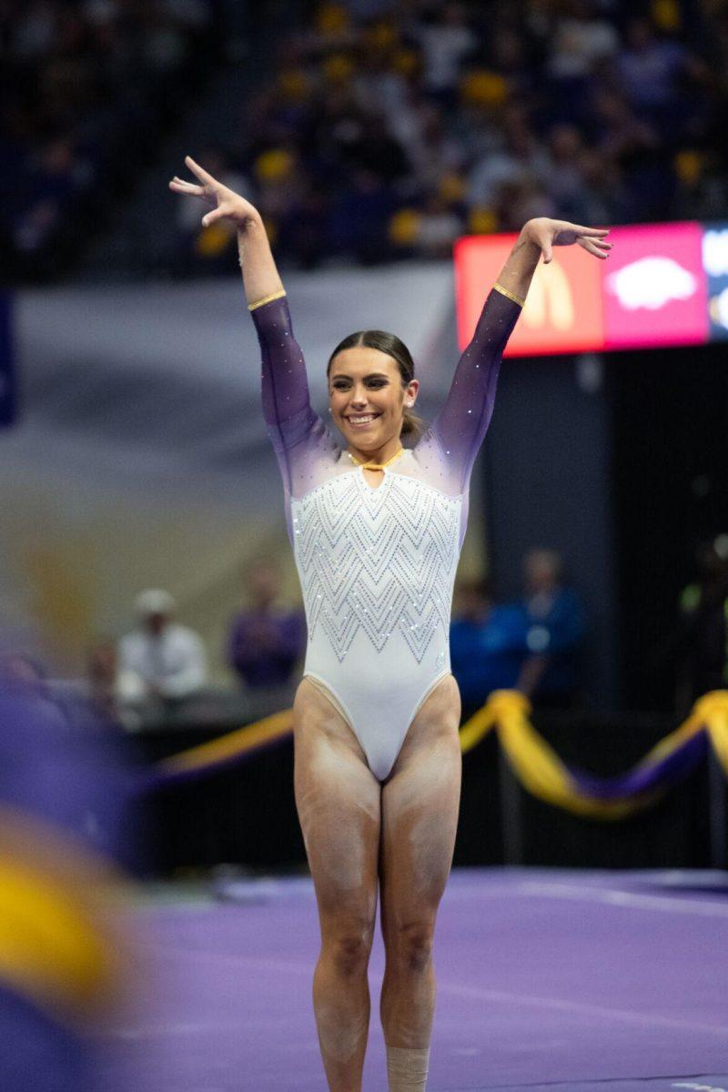 LSU gymnastics all-around junior Alexis Jeffrey finishes her routine Friday, Feb. 2, 2024, during LSU&#8217;s 198.475-196.200 win against Arkansas at the Pete Maravich Assembly Center in Baton Rouge, La.