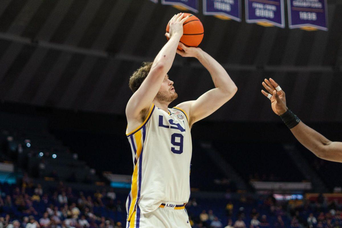 LSU men&#8217;s basketball graduate student forward Will Baker (9) shoots the ball Tuesday, Feb. 27, 2024, during LSU&#8217;s 67-66 win against Georgia in the Pete Maravich Assembly Center in Baton Rouge, La.