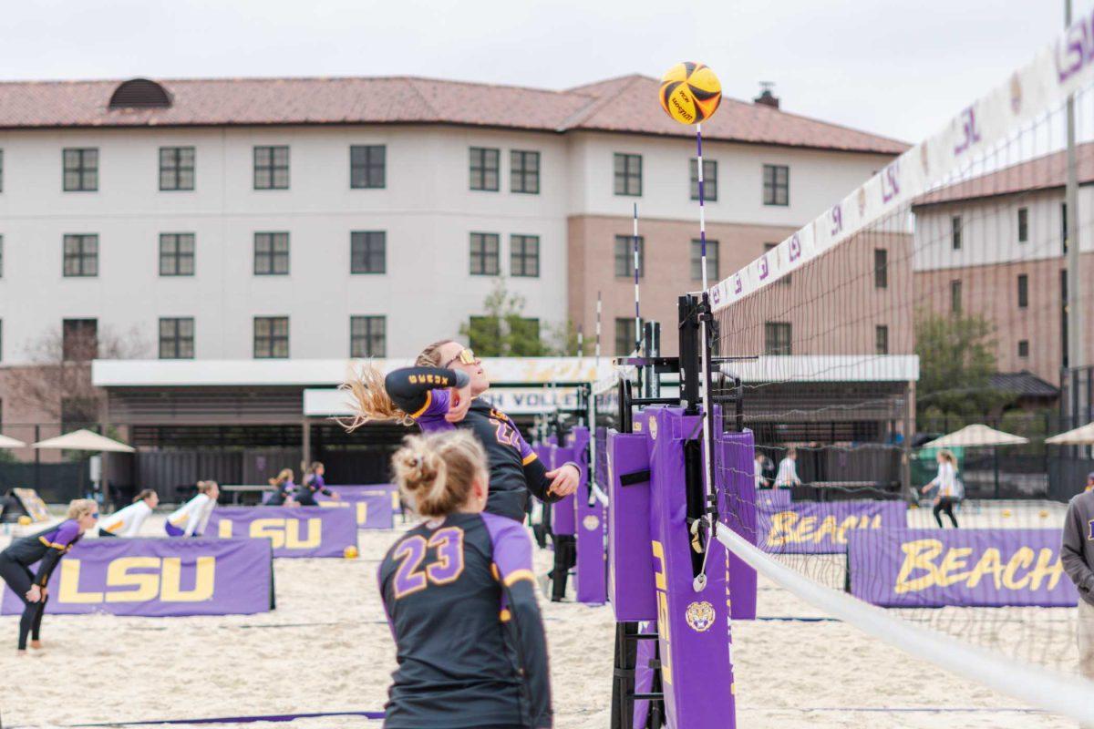 <p>LSU beach volleyball senior Reilly Allred (22) sends the ball over the net Saturday, Feb. 17, 2024, during an exhibition match at the LSU Beach Volleyball Stadium in Baton Rouge, La.</p>