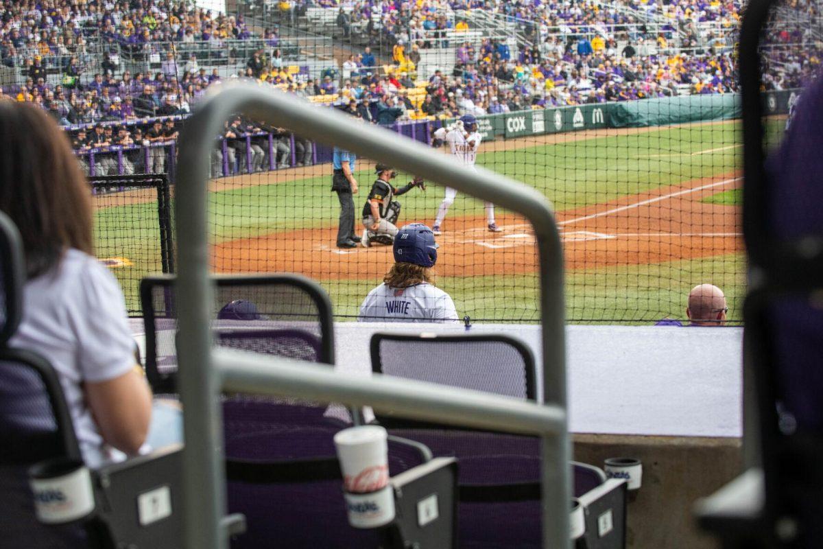 LSU baseball junior third basemen Tommy White (47) awaits his turn at bat during LSU's 11-8 win against VMI on Friday, Feb. 16, 2024, at Alex Box Stadium in Baton Rouge, La.