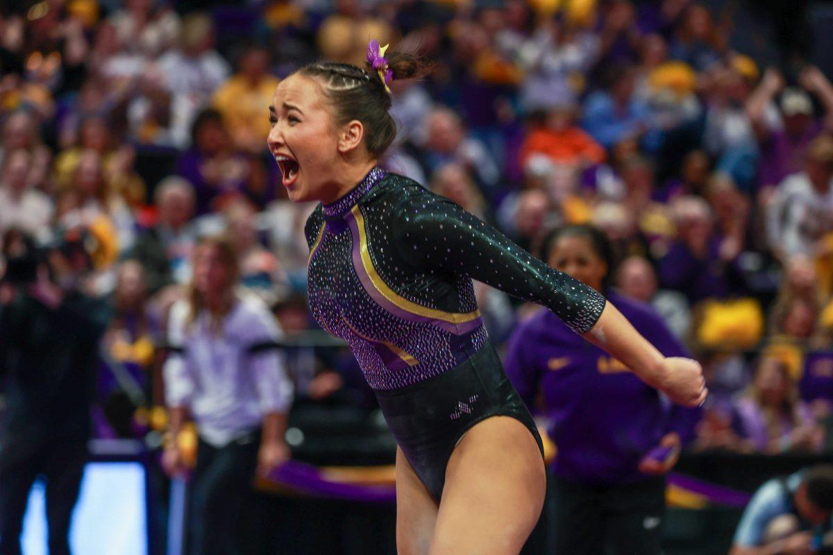 LSU gymnastics junior all-around Aleah Finnegan let's out a roar Friday, Feb. 16, 2024, prior to earning her 10 during LSU's win against Auburn in the Pete Maravich Assembly Center.&#160;