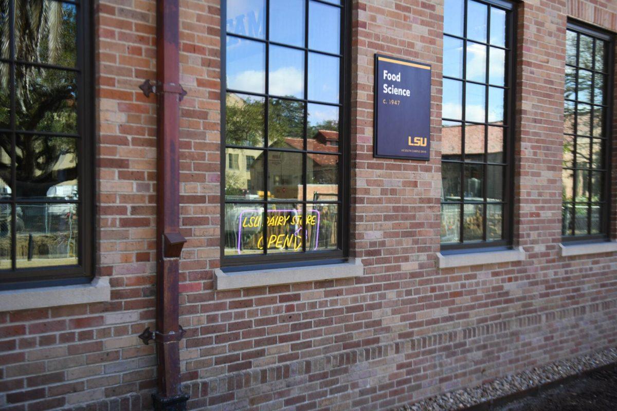 A sign for the LSU Dairy store sits in the window of the Food Science building on Tuesday, Feb. 20, 2024, on S. Campus Dr. in Baton Rouge, La.