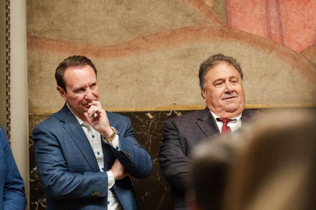 Gov. Jeff Landry (left) stands next to CPRA chairman Gordon Dove (right) Monday, March 25, 2024, during Coastal Day 2024 in the Louisiana State Capitol.