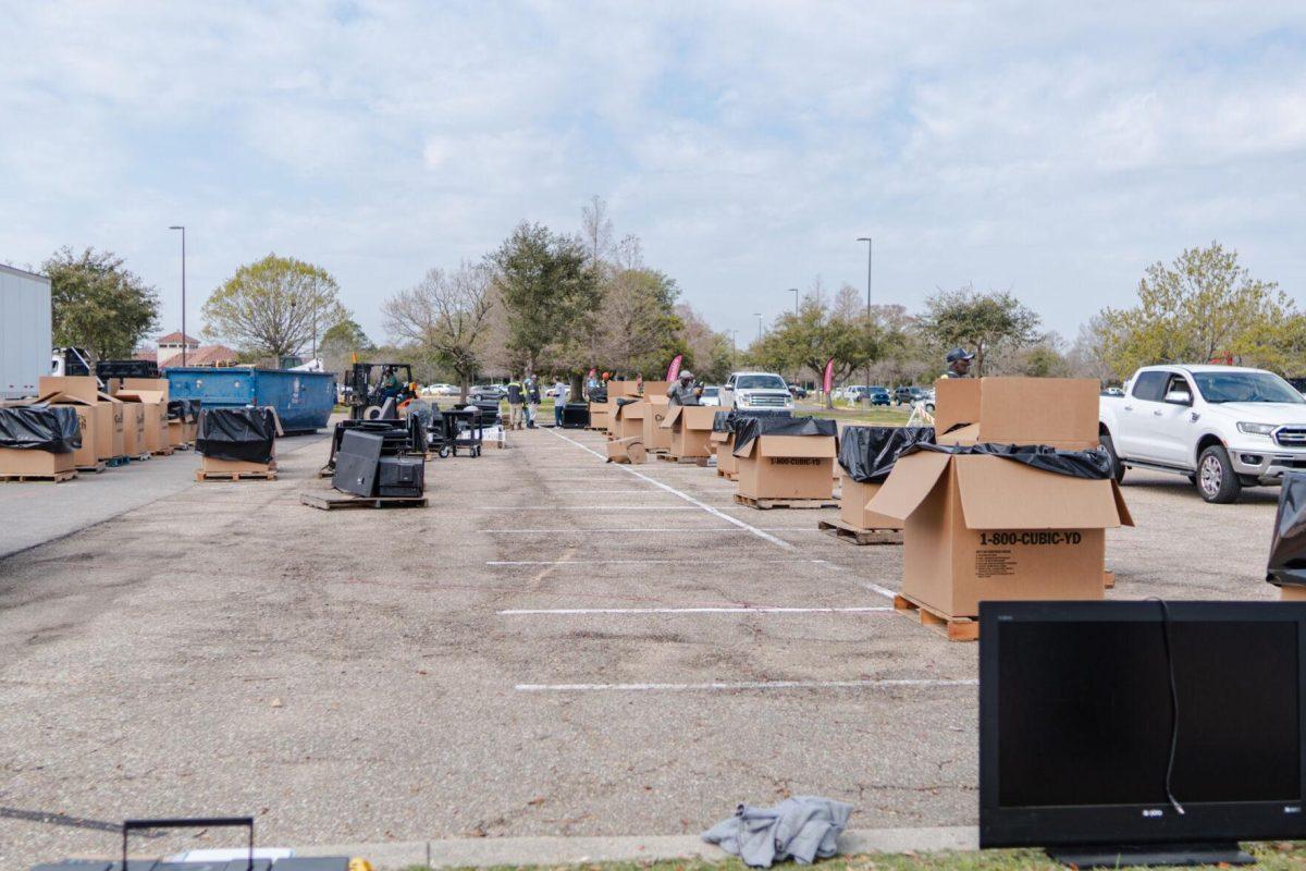 Electronic waste sits in boxes and piles Saturday, March 2, 2024, at the Household Hazardous Materials Collection Day on LSU's campus in Baton Rouge, La.