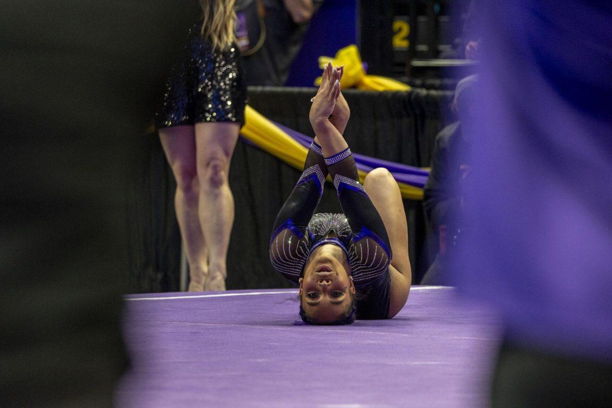LSU gymnastics freshman Konnor McClain poses for her final floor exercise routine Friday, March 1, 2024, during LSU's 198.325-197.325 win over Alabama in the Pete Maravich Assembly Center.