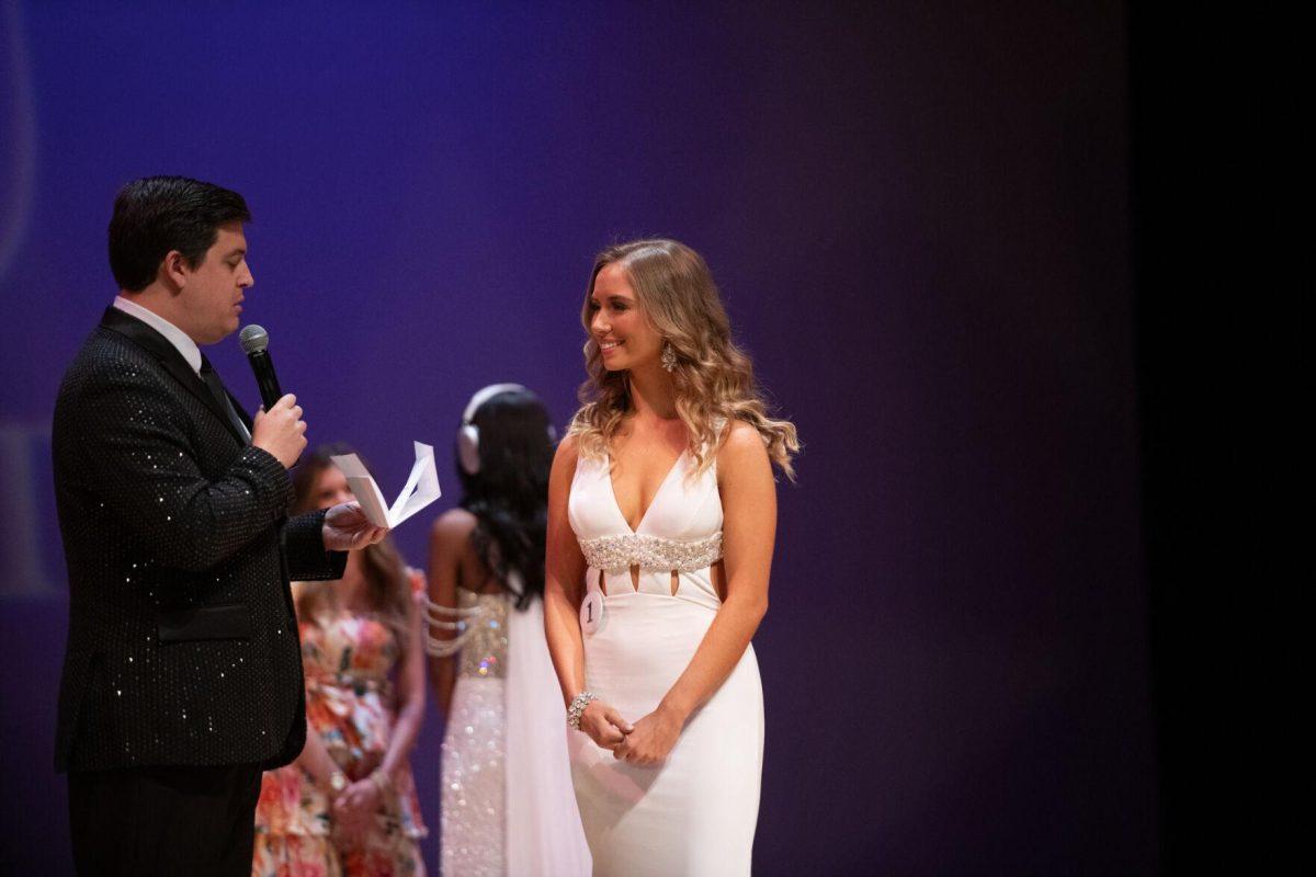 LSU kinesiology and psychology junior Hailey Griggs listens to the on-stage question Sunday, March 24, 2024, before winning 3rd runner-up during Delta Zeta's Miss LSU 2024 Pageant in the Union Theater in Baton Rouge, La.