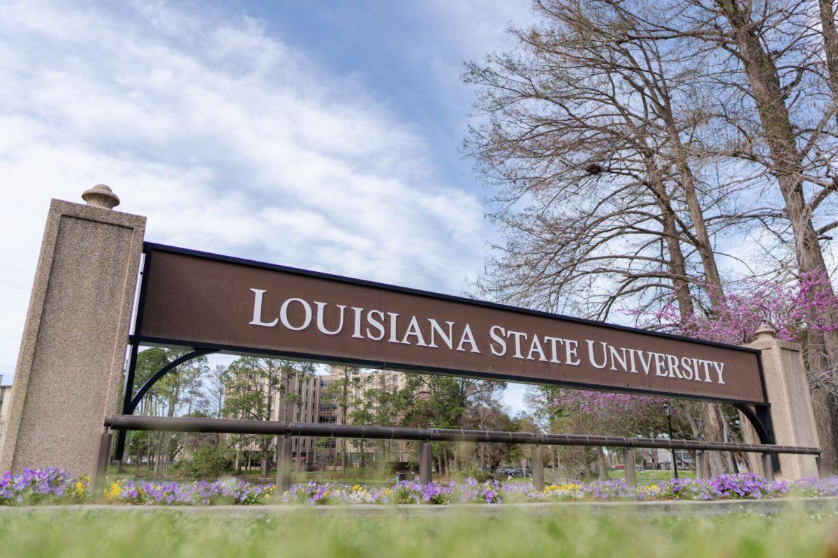 The Louisiana State University sign stands Sunday, March 10, 2024, on South Stadium Drive in Baton Rouge, La.