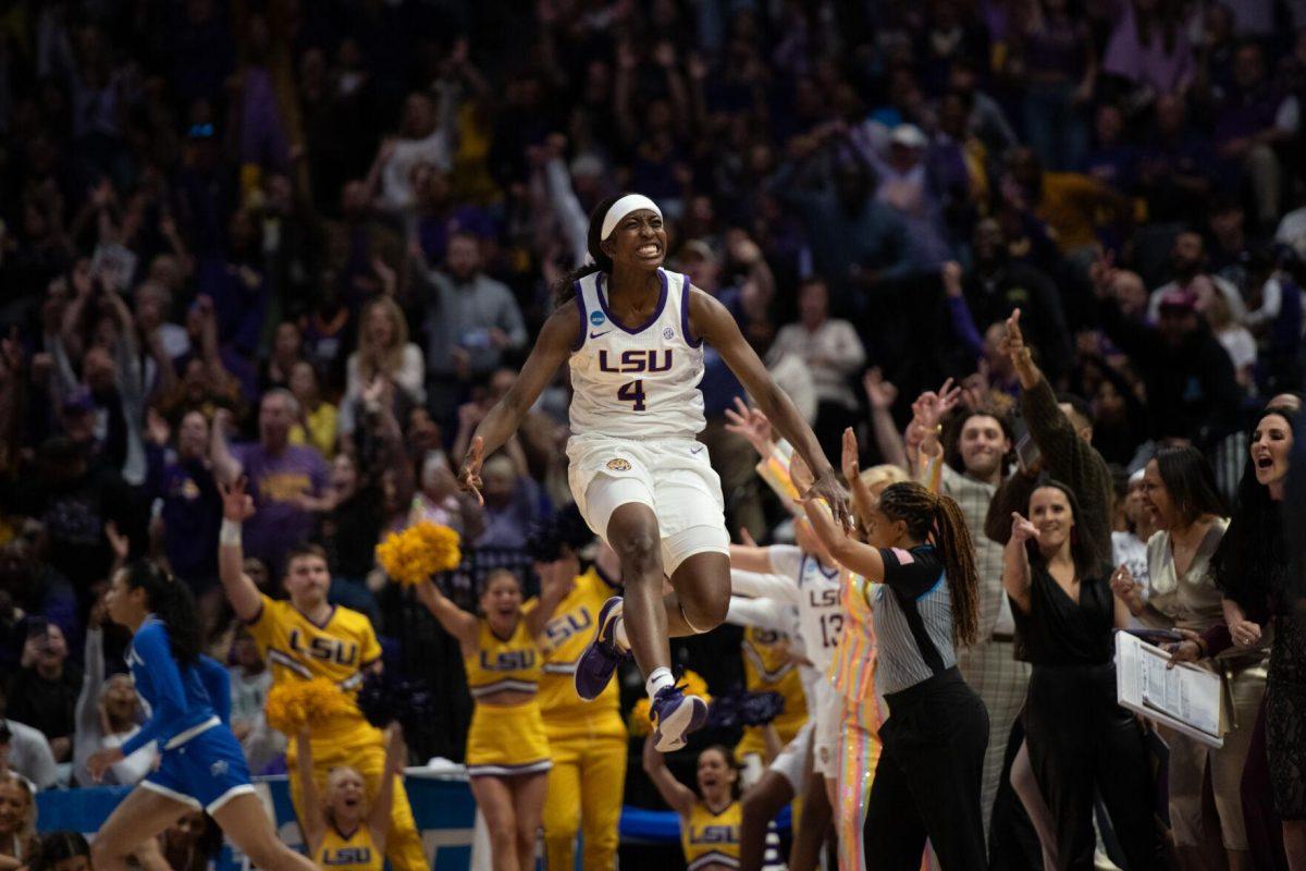 LSU women&#8217;s basketball sophomore guard Flau&#8217;jae Johnson (4) celebrates scoring Sunday, March 24, 2024, during LSU&#8217;s 83-56 second-round NCAA tournament win against Middle Tennessee at the Pete Maravich Center in Baton Rouge, La.