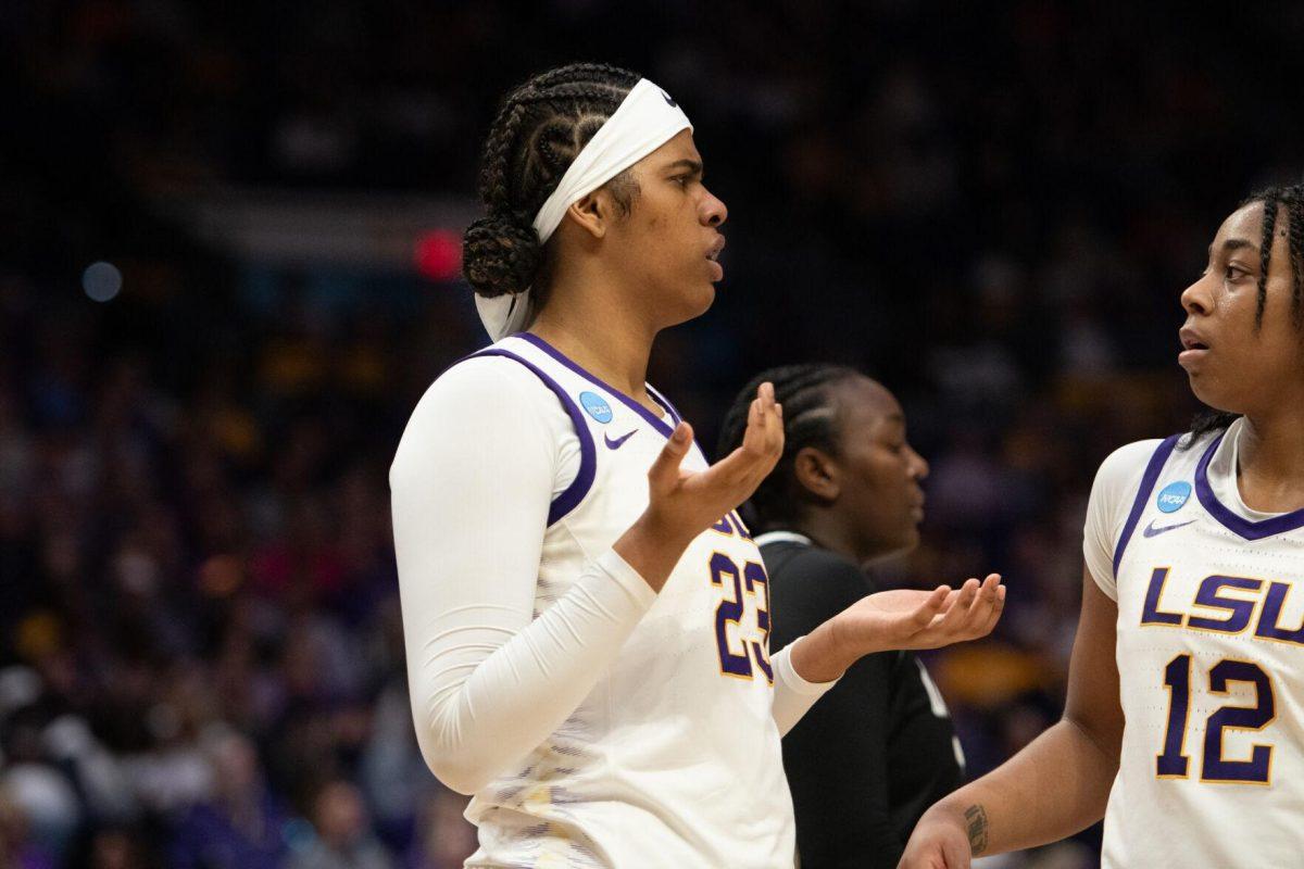 LSU women&#8217;s basketball freshman center Aalyah Del Rosario (23) looks confused after a call Friday, March 22, 2024, during LSU&#8217;s 70-60 first-round NCAA March Madness tournament victory against Rice at the Pete Maravich Center in Baton Rouge, La.