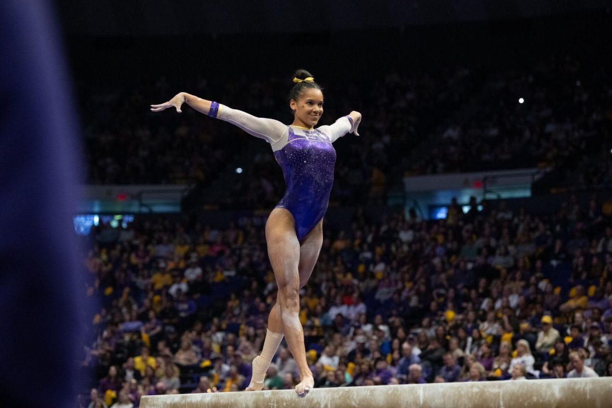 LSU gymnastics senior all-around Haleigh Bryant performs on the balance beam Friday, March 15, 2024, during LSU's 198.250-196.075 win against North Carolina at the Pete Maravich Assembly Center in Baton Rouge, La.