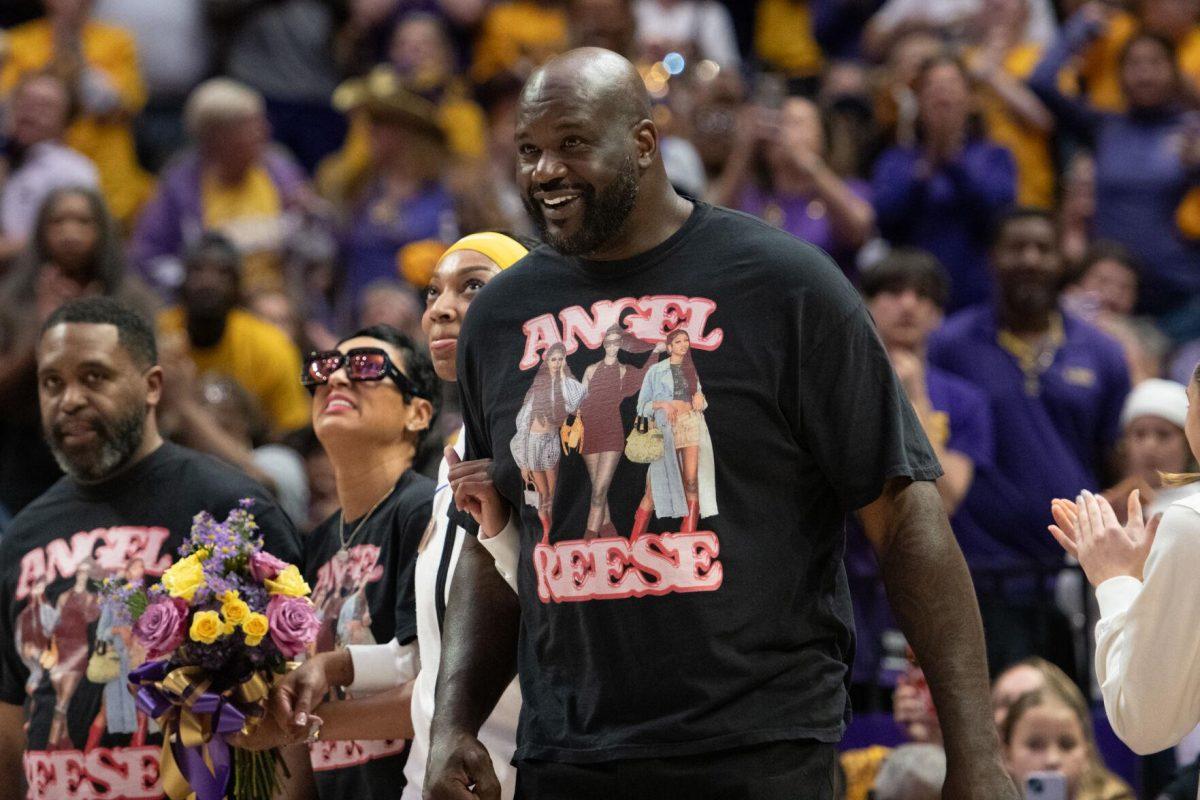 Shaquille O'Neal acts as escort at halftime Sunday, March 3, 2024, during LSU&#8217;s 77-56 win against Kentucky at the Pete Maravich Assembly Center in Baton Rouge, La.