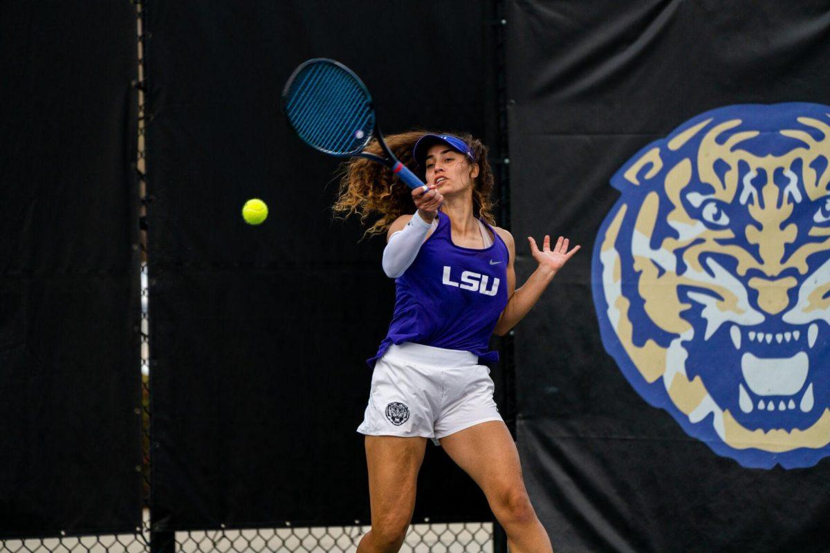 LSU women's tennis graduate student Maya Tahan hits a forehand during her 6-4 doubles win against ULM Sunday, March 3, 2024, at the LSU Tennis Complex on Gourrier Avenue in Baton Rouge, La.