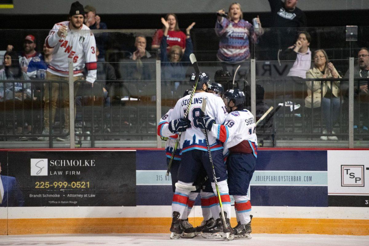 Baton Rouge Zydeco hockey players celebrate a goal Thursday, Feb. 29, 2024, during Zydeco's 5-3 win against the Carolina Thunderbirds at the Raising Canes River Center in Baton Rouge, La.