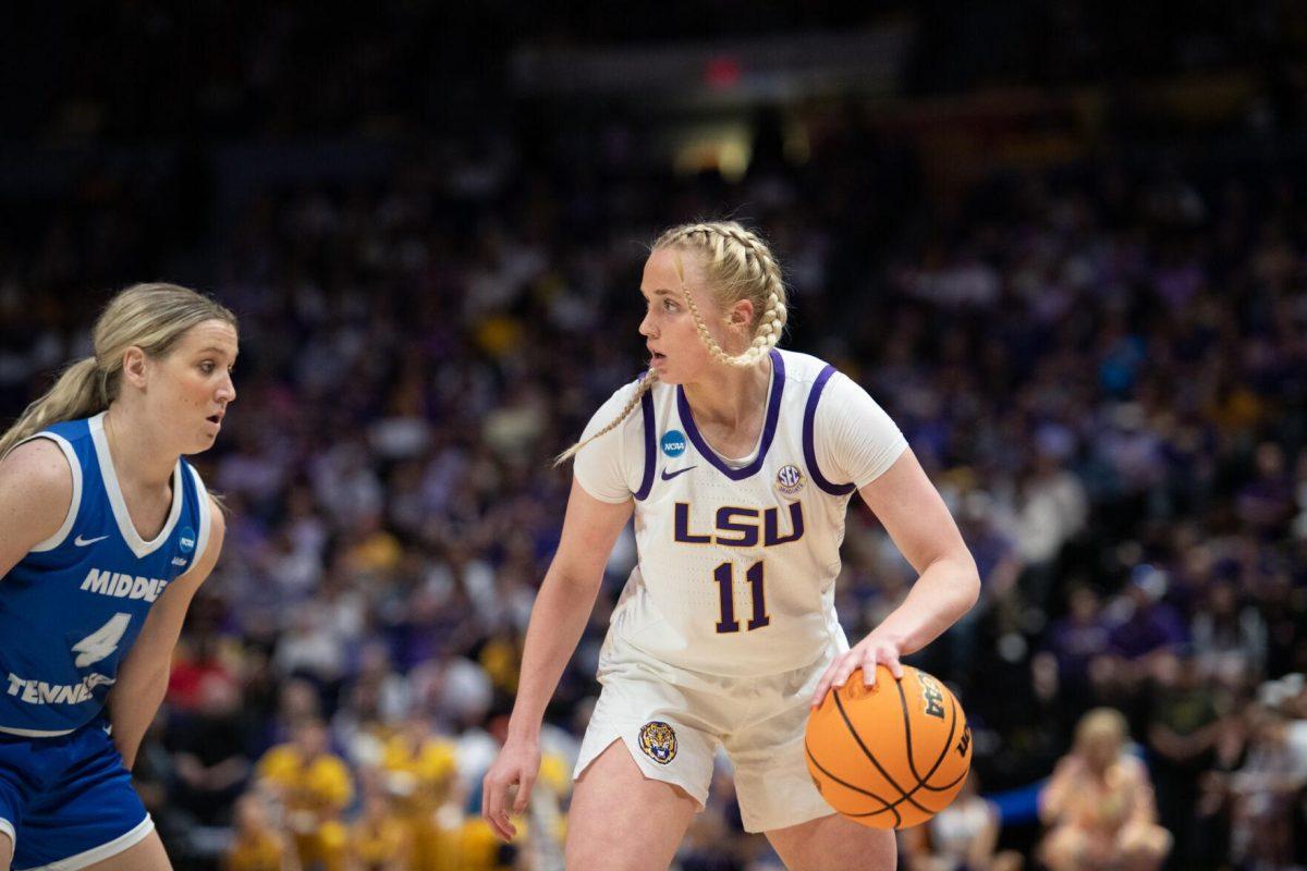 LSU women&#8217;s basketball graduate student guard Hailey Van Lith (11) dribbles Sunday, March 24, 2024, during LSU&#8217;s 83-56 second-round NCAA tournament win against Middle Tennessee at the Pete Maravich Center in Baton Rouge, La.