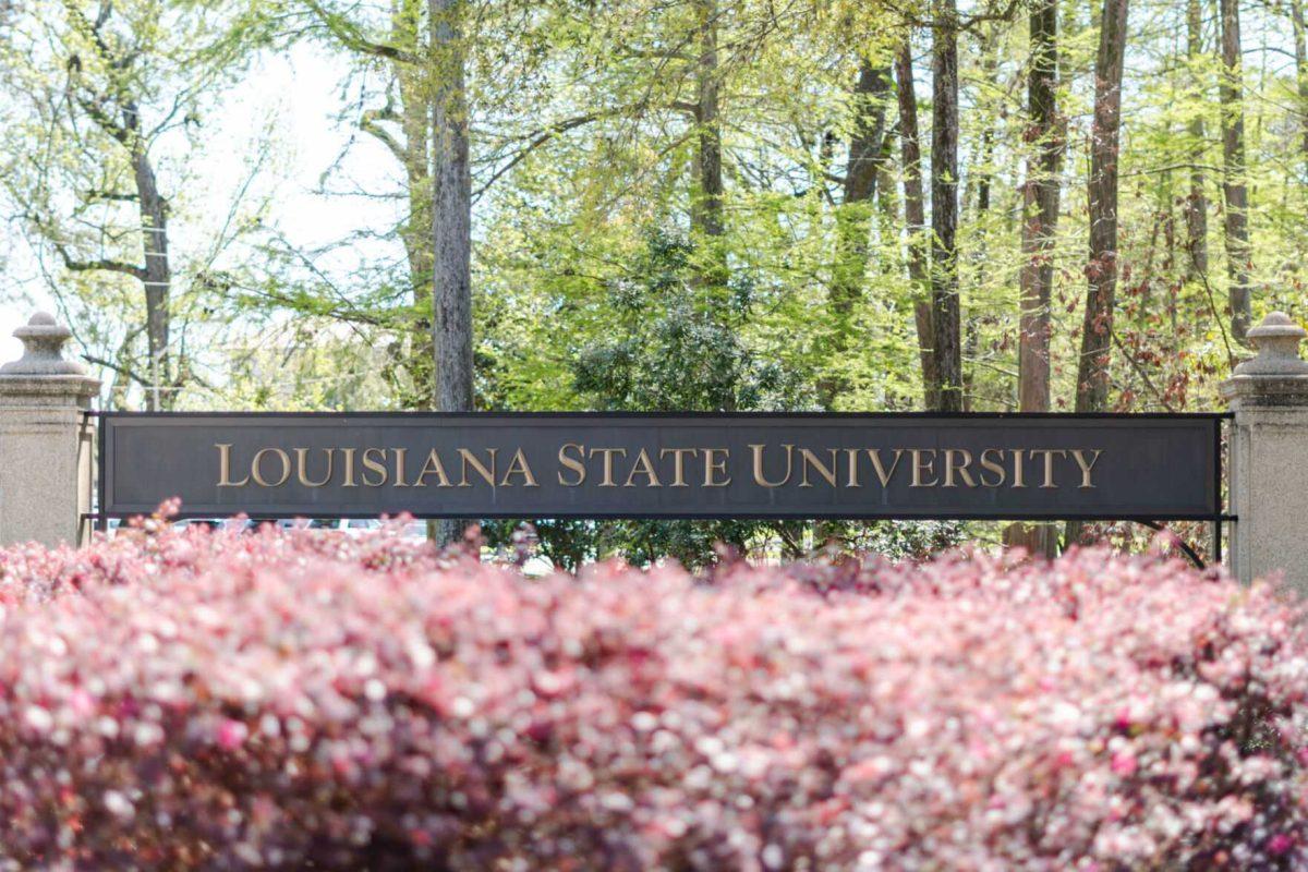 A Louisiana State University sign sits Wednesday, March 6, 2024, near Dalrymple Drive in Baton Rouge, La.