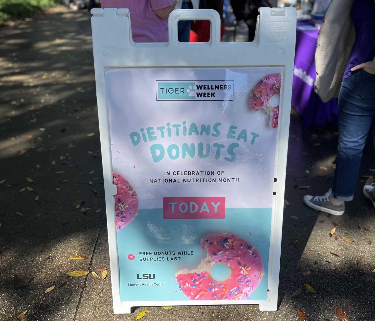 "Dietitians Eat Donuts" sign sits outside in Free Speech Alley.&#160;