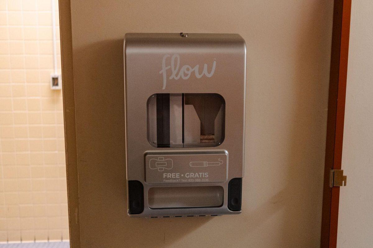 A period product box hangs on the wall of the women's restroom Sunday, March 24, 2024, in the LSU Library.