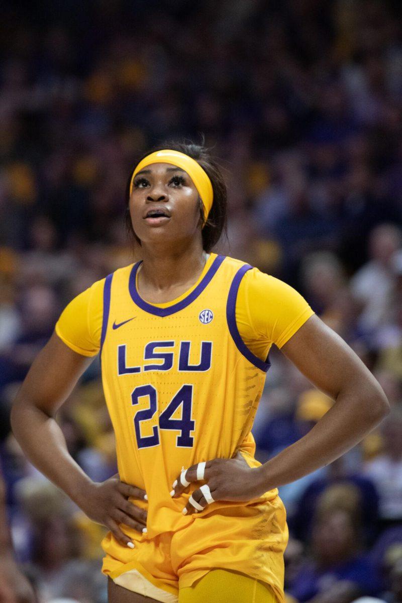 LSU women's basketball junior guard Aneesah Morrow (24) watches a free throw Sunday, March 3, 2024, during LSU&#8217;s 77-56 win against Kentucky at the Pete Maravich Assembly Center in Baton Rouge, La.