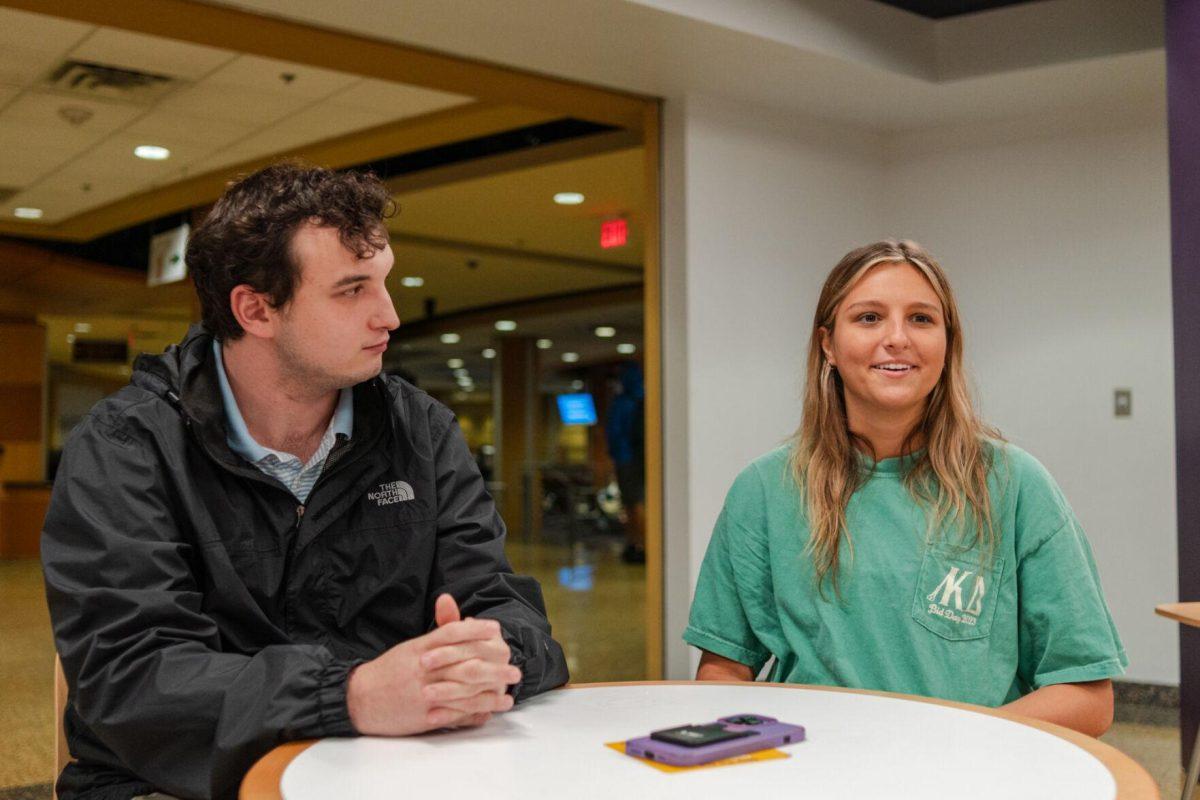 LSU sophomores Joseph Liberto and Amelia Carman answer interview questions Friday, March 8, 2024, inside the LSU Student Union in Baton Rouge, La.