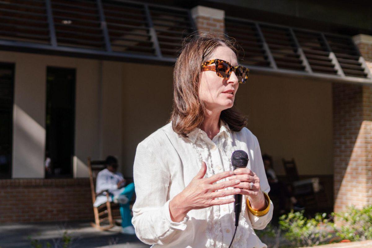 Executive Director of the Student Health Center Julie Hupperich speaks Tuesday, March 26, 2024, at the Believe March on LSU's campus.