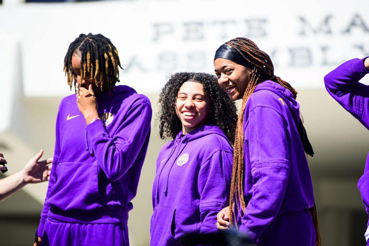 LSU women&#8217;s basketball freshman guard Angelica Velez and LSU women&#8217;s basketball freshman guard Janae Kent laugh together on Wednesday, March 6, 2024, during LSU women&#8217;s basketball&#8217;s send off at the Pete Maravich Assembly Center in Baton Rouge, La.