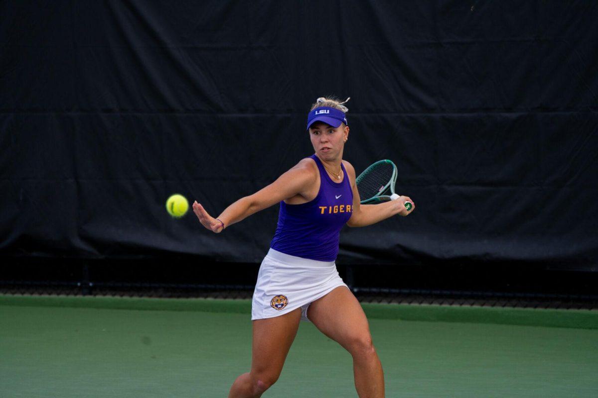 LSU women's tennis junior Anita Sahdiieva hits a forehand during her 6-1 doubles win against ULM Sunday, March 3, 2024, at the LSU Tennis Complex on Gourrier Avenue in Baton Rouge, La.