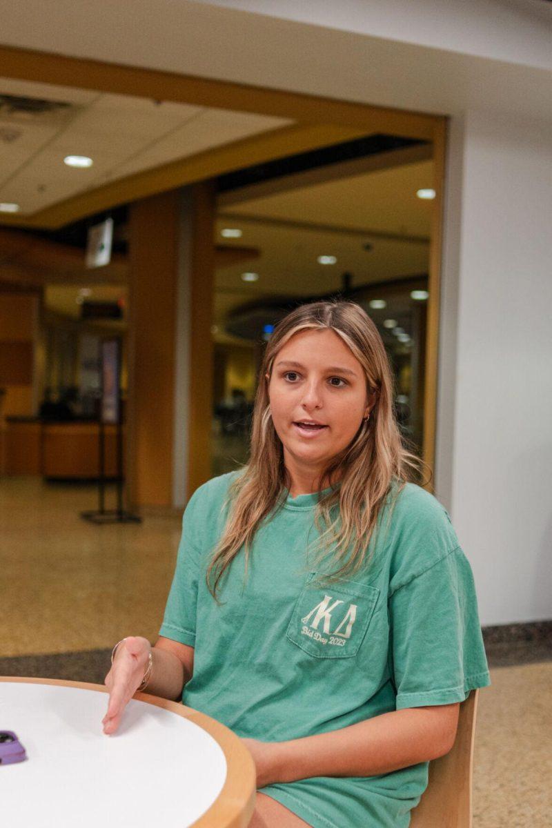 LSU sophomore Amelia Carman answers an interview question Friday, March 8, 2024, inside the LSU Student Union in Baton Rouge, La.