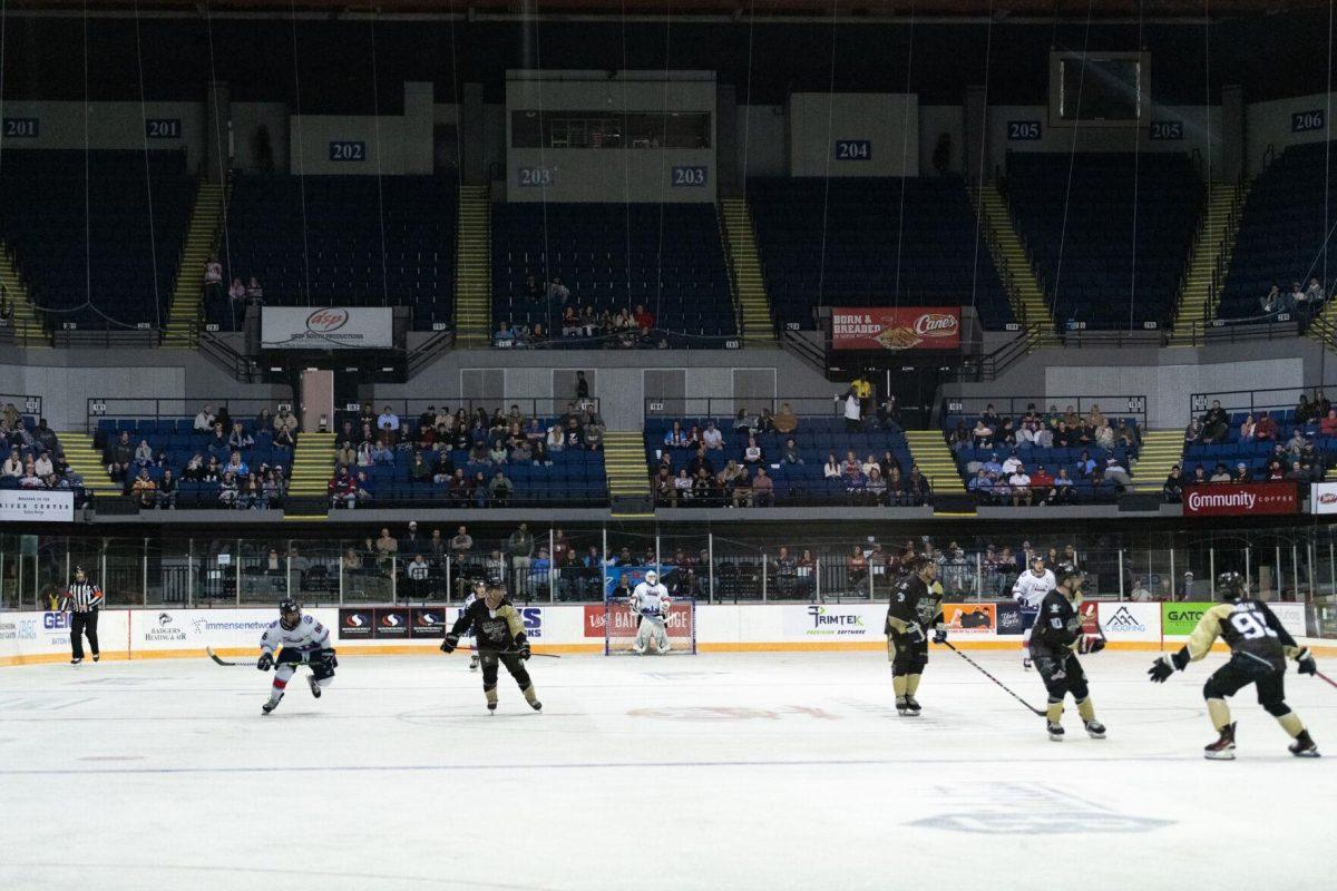 Baton Rouge Zydeco and Carolina Thunderbirds skate across the rink Thursday, Feb. 29, 2024, during Zydeco's 5-3 win against the Carolina Thunderbirds at the Raising Canes River Center in Baton Rouge, La.