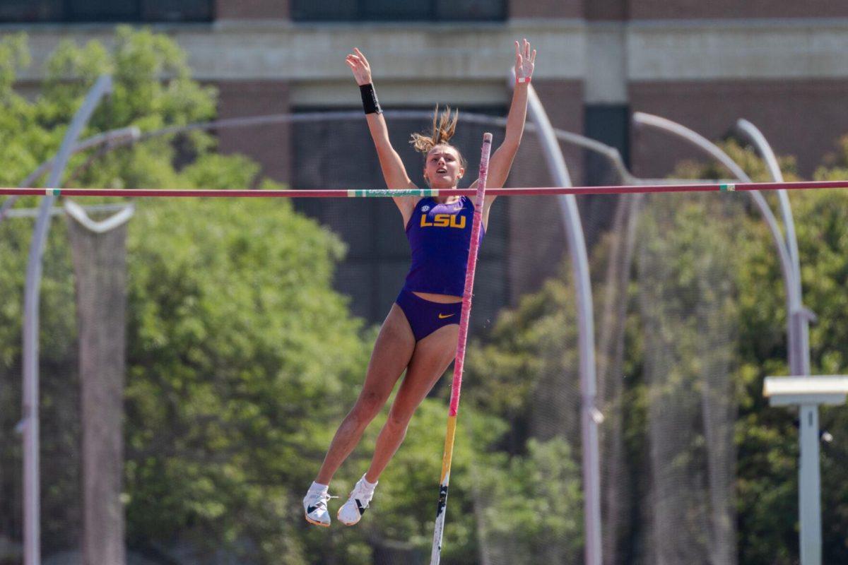 LSU track and field jumps sophomore Aly Jo Warren clears the bar Saturday, March 23, 2024, during the Keyth Talley Invitational at the Bernie Moore Track Stadium in Baton Rouge, La.