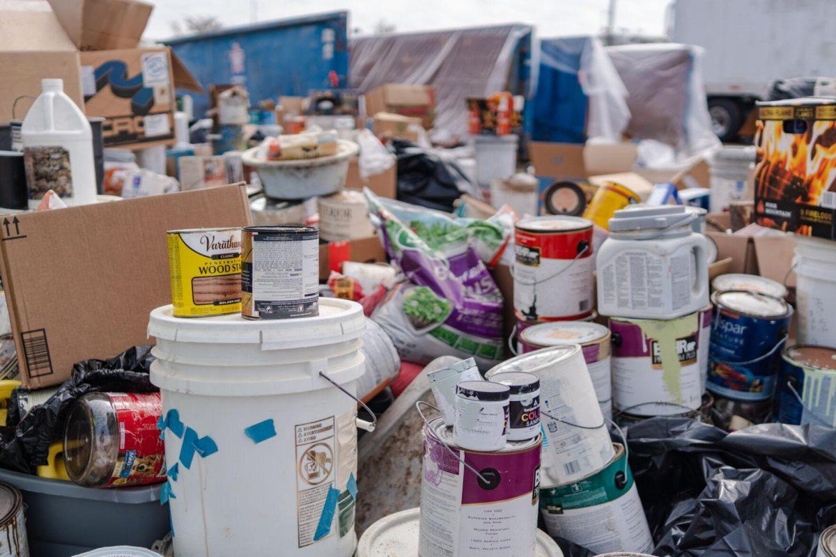 A number of cans sit together Saturday, March 2, 2024, at the Household Hazardous Materials Collection Day on LSU's campus in Baton Rouge, La.