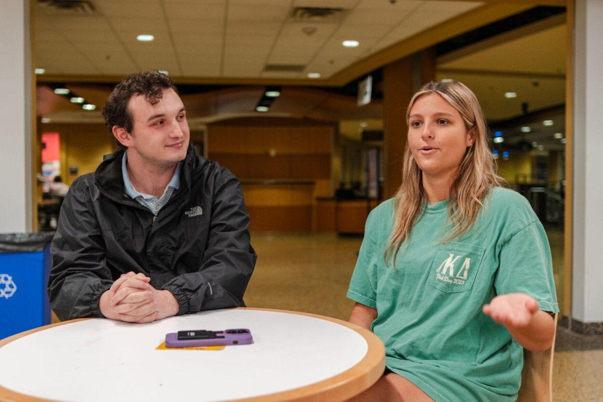 LSU sophomores Joseph Liberto and Amelia Carman answer interview questions Friday, March 8, 2024, inside the LSU Student Union in Baton Rouge, La.