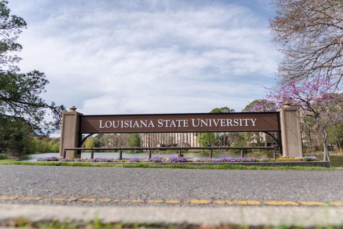 The Louisiana State University sign stands Sunday, March 10, 2024, on South Stadium Drive in Baton Rouge, La.