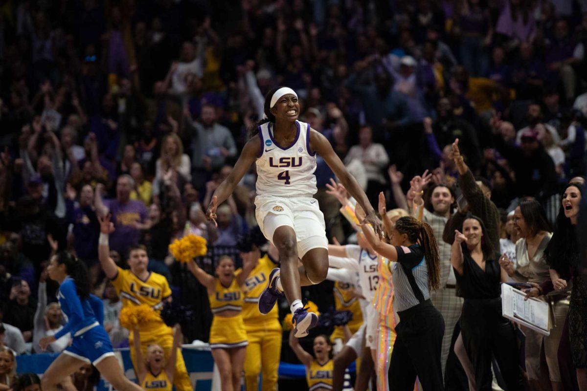 <p>LSU women’s basketball sophomore guard Flau’jae Johnson (4) celebrates scoring Sunday, March 24, 2024, during LSU’s 83-56 second-round NCAA tournament win against Middle Tennessee at the Pete Maravich Center in Baton Rouge, La.</p>