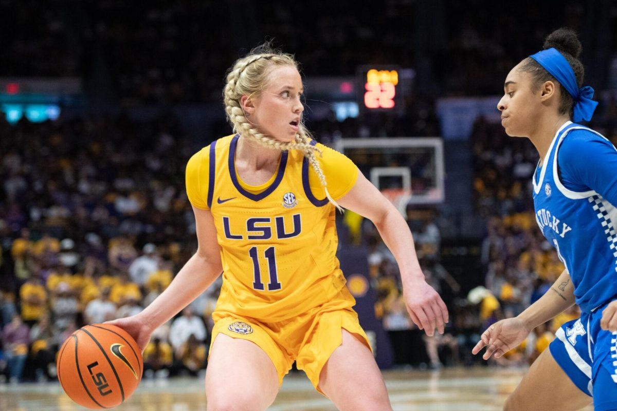 LSU women's basketball graduate student guard Hailey Van Lith (11) looks for an opening Sunday, March 3, 2024, during LSU&#8217;s 77-56 win against Kentucky at the Pete Maravich Assembly Center in Baton Rouge, La.