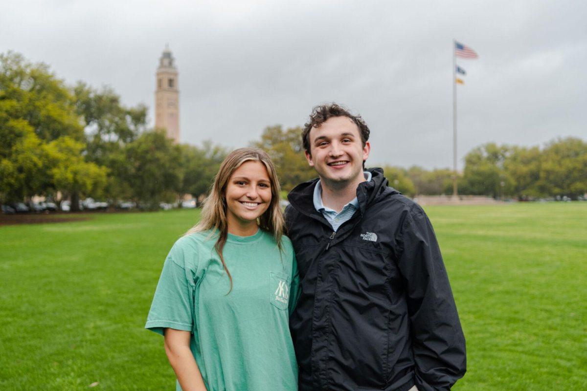 LSU sophomores Amelia Carman and Joseph Liberto pose for a photo Friday, March 8, 2024, on the LSU Parade Ground in Baton Rouge, La.