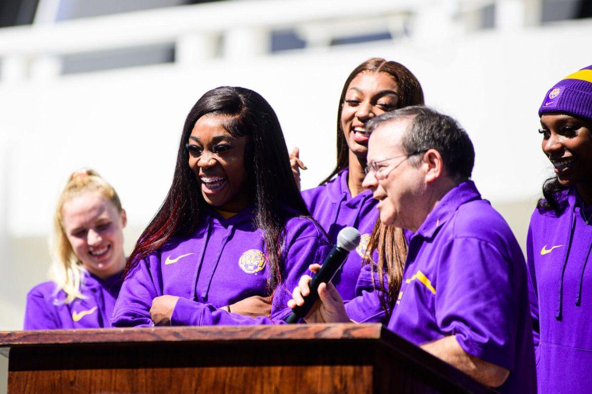 LSU women&#8217;s basketball junior guard Aneesah Morrow laughs on Wednesday, March 6, 2024, during LSU women&#8217;s basketball&#8217;s send off at the Pete Maravich Assembly Center in Baton Rouge, La.