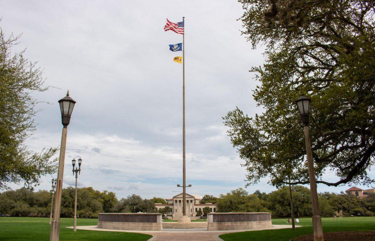 An American flag blows in the wind on Thursday, March 7, 2024, on the Parade Ground on LSU's campus.