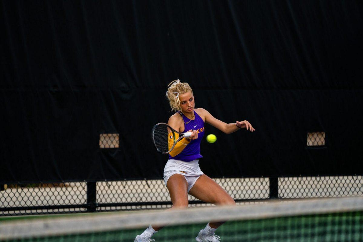 LSU women's tennis junior Florentine Dekkers hits a forehand during her 6-0 win against ULM Sunday, March 3, 2024, at the LSU Tennis Complex on Gourrier Avenue in Baton Rouge, La.