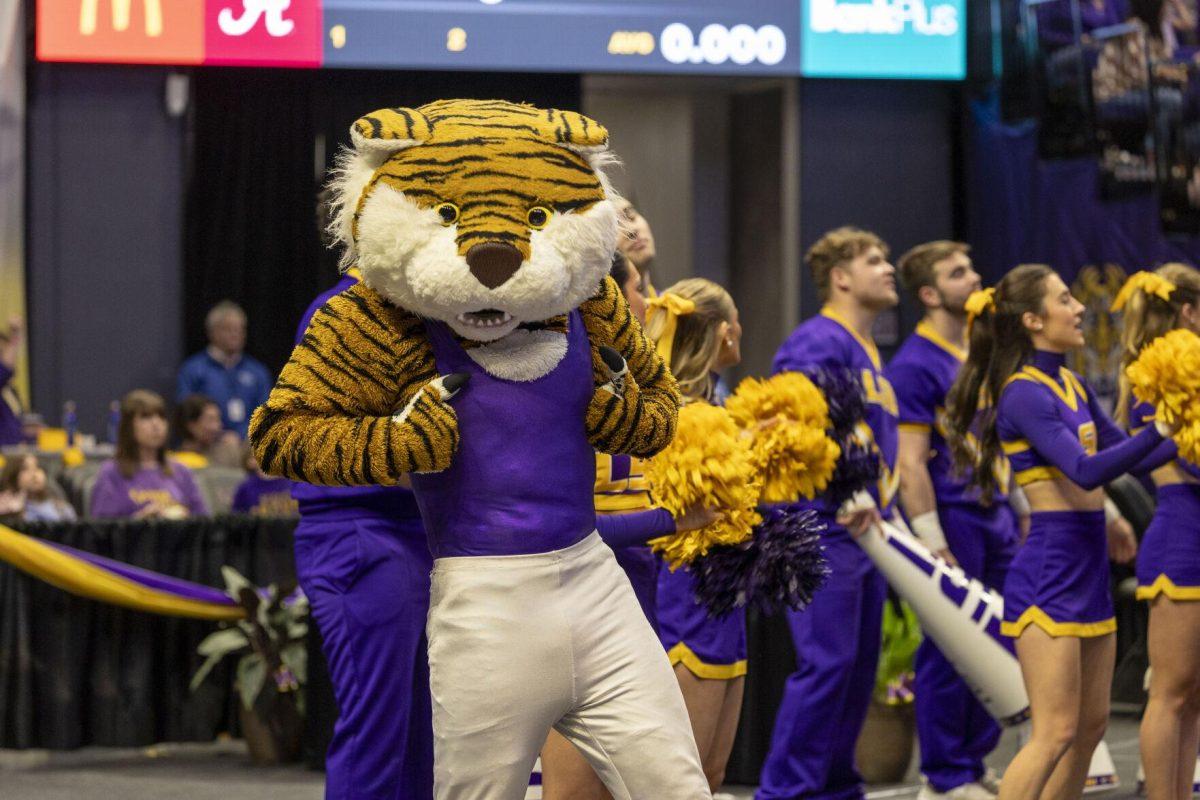 Mike the Tiger poses for a photo Friday, March 1, 2024, during LSU's 198.325-197.325 win over Alabama in the Pete Maravich Assembly Center.
