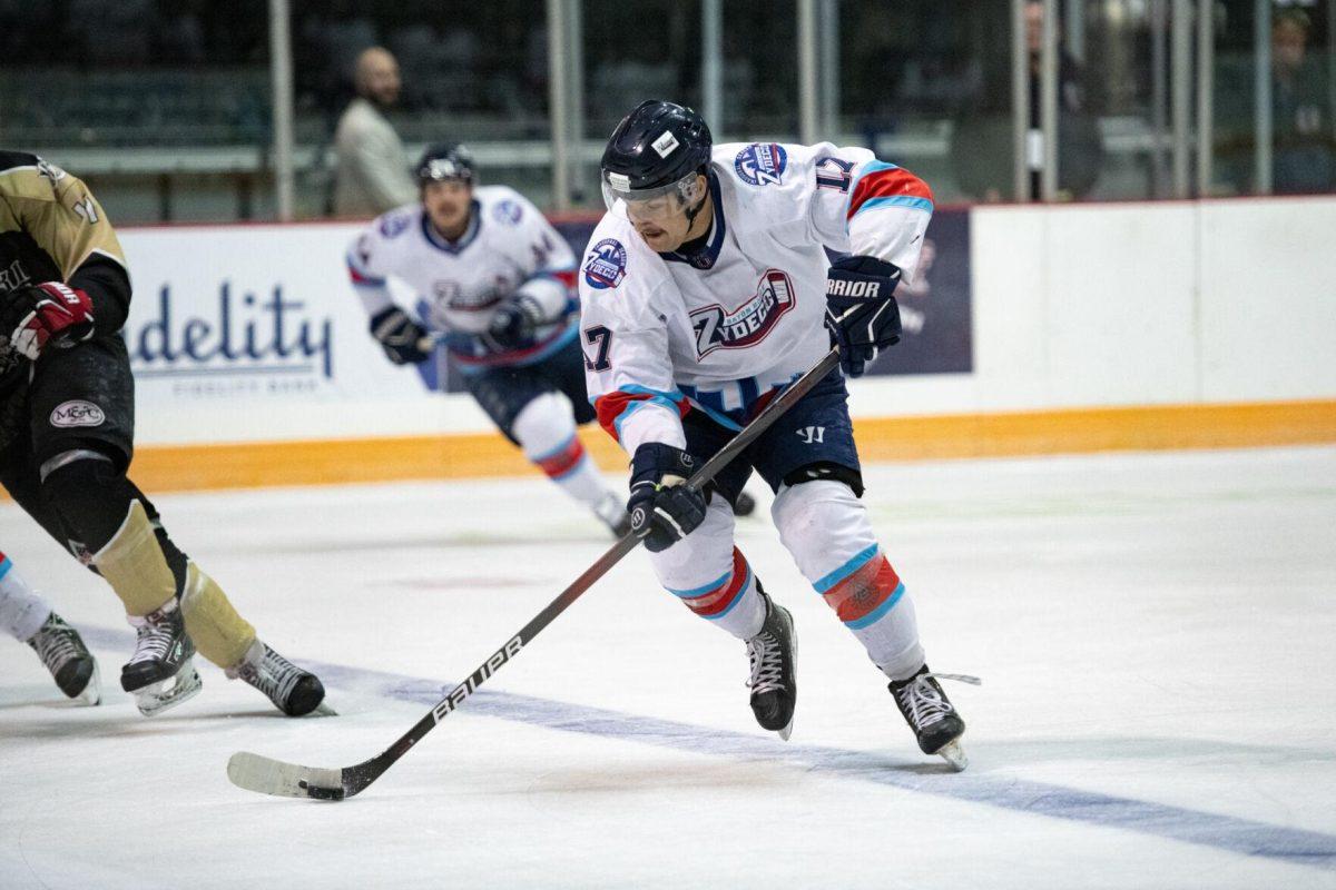 Baton Rouge Zydeco hockey rookie forward Noah Robinson (17) guides the puck Thursday, Feb. 29, 2024, during Zydeco's 5-3 win against the Carolina Thunderbirds at the Raising Canes River Center in Baton Rouge, La.