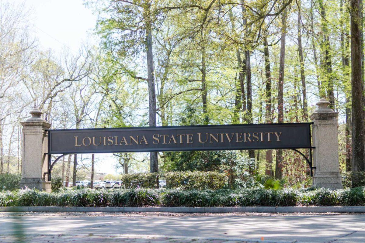 A Louisiana State University sign sits Wednesday, March 6, 2024, near Dalrymple Drive in Baton Rouge, La.