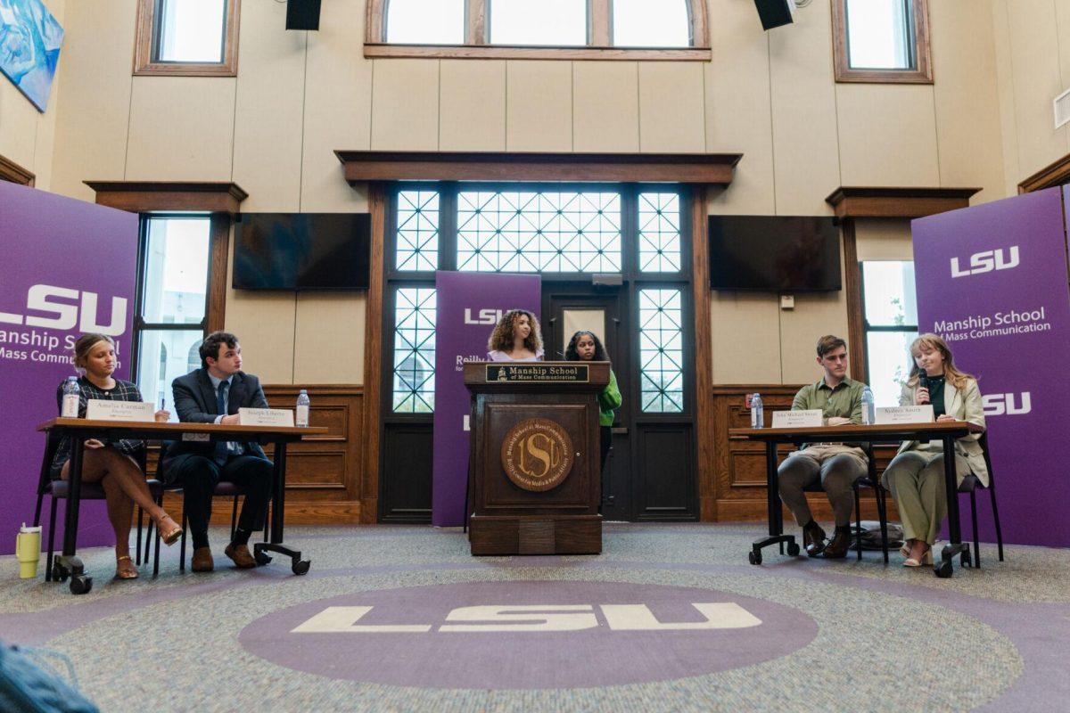 The two campaigns for student body president and vice president sit for a debate Monday, March 18, 2024, inside the Holliday Forum at LSU in Baton Rouge, La.