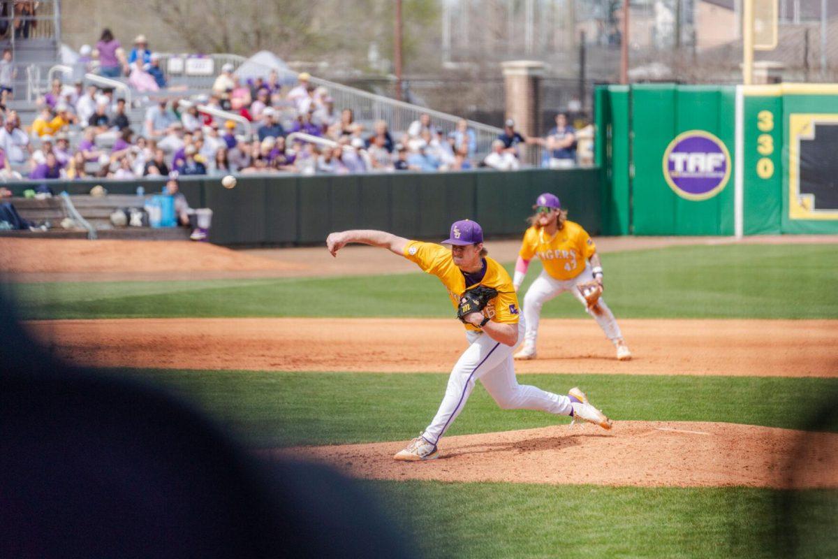 LSU baseball junior pitcher Thatcher Hurd (26) throws the ball Sunday, March 10, 2024, during LSU's 2-1 loss to Xavier in Alex Box Stadium in Baton Rouge, La.